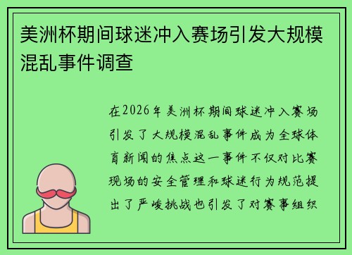 美洲杯期间球迷冲入赛场引发大规模混乱事件调查