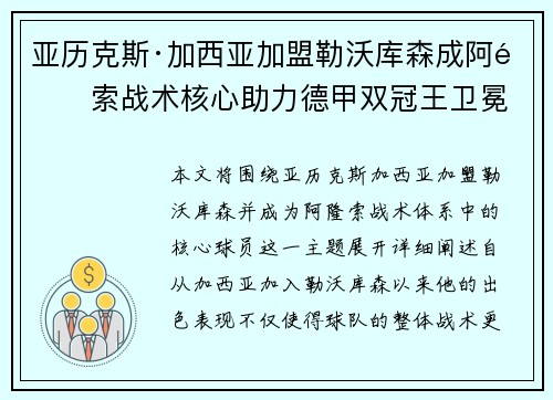 亚历克斯·加西亚加盟勒沃库森成阿隆索战术核心助力德甲双冠王卫冕 亚历克斯·加西亚加盟勒沃库森成阿隆索战术核心助力德甲双冠王卫冕
